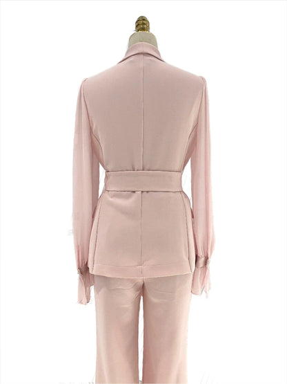 Belted Women Pant Suit, Spliced Sleeves -Guocali