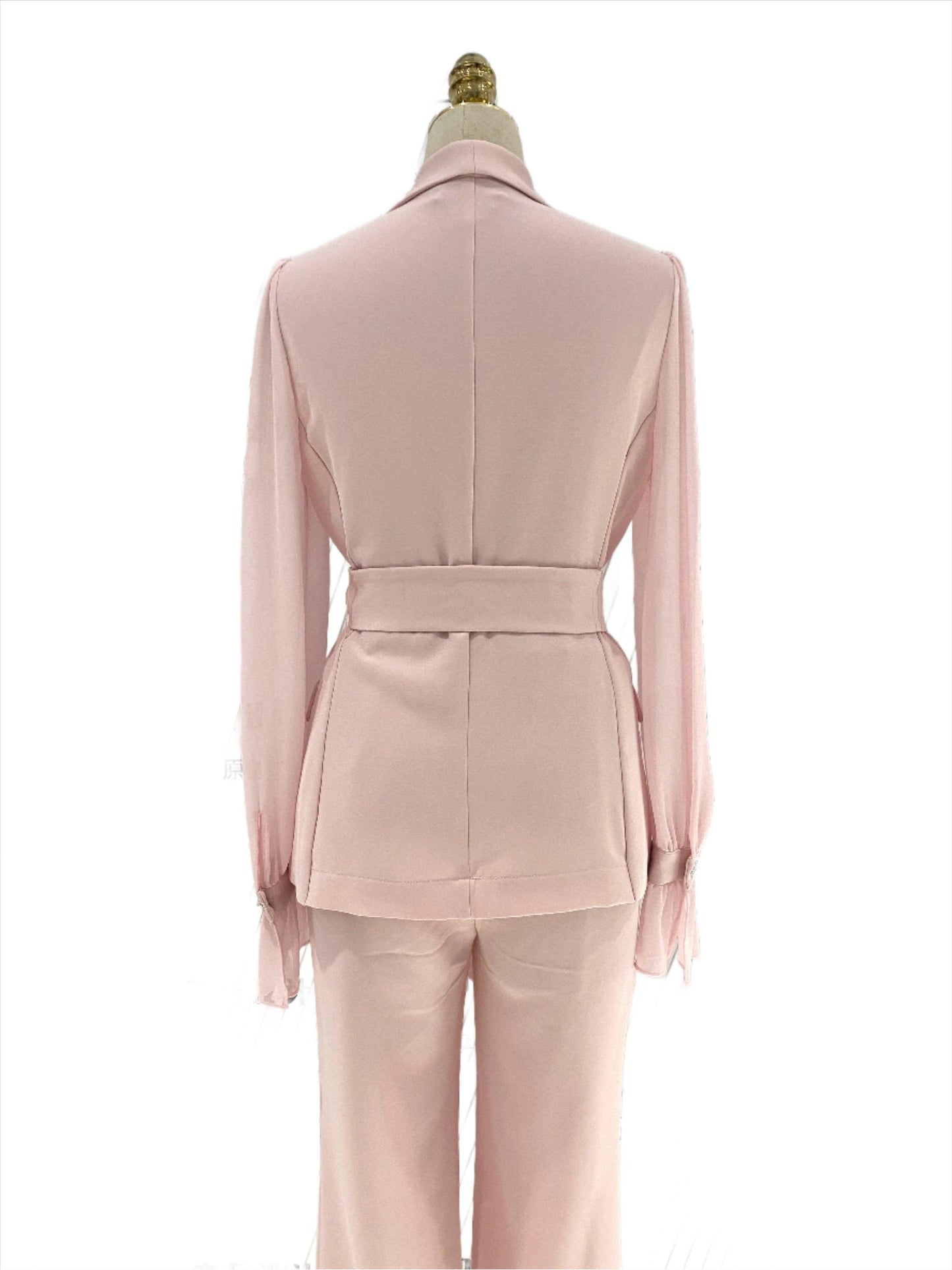 Belted Women Pant Suit, Spliced Sleeves - Pantsuit - Guocali