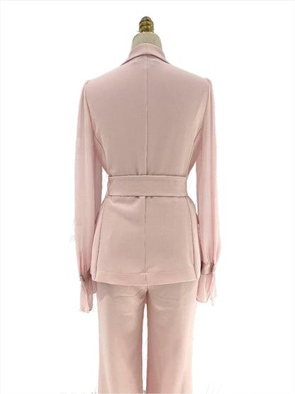 Belted Women Pant Suit, Spliced Sleeves - Pantsuit - Guocali