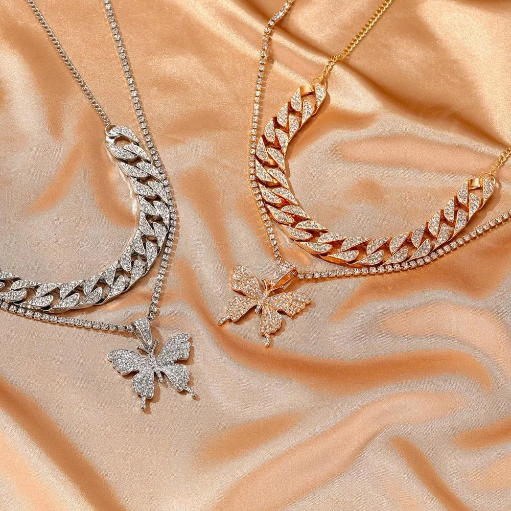 Big Butterfly Pendant Necklace - Rhinestone Jewelry -Guocali
