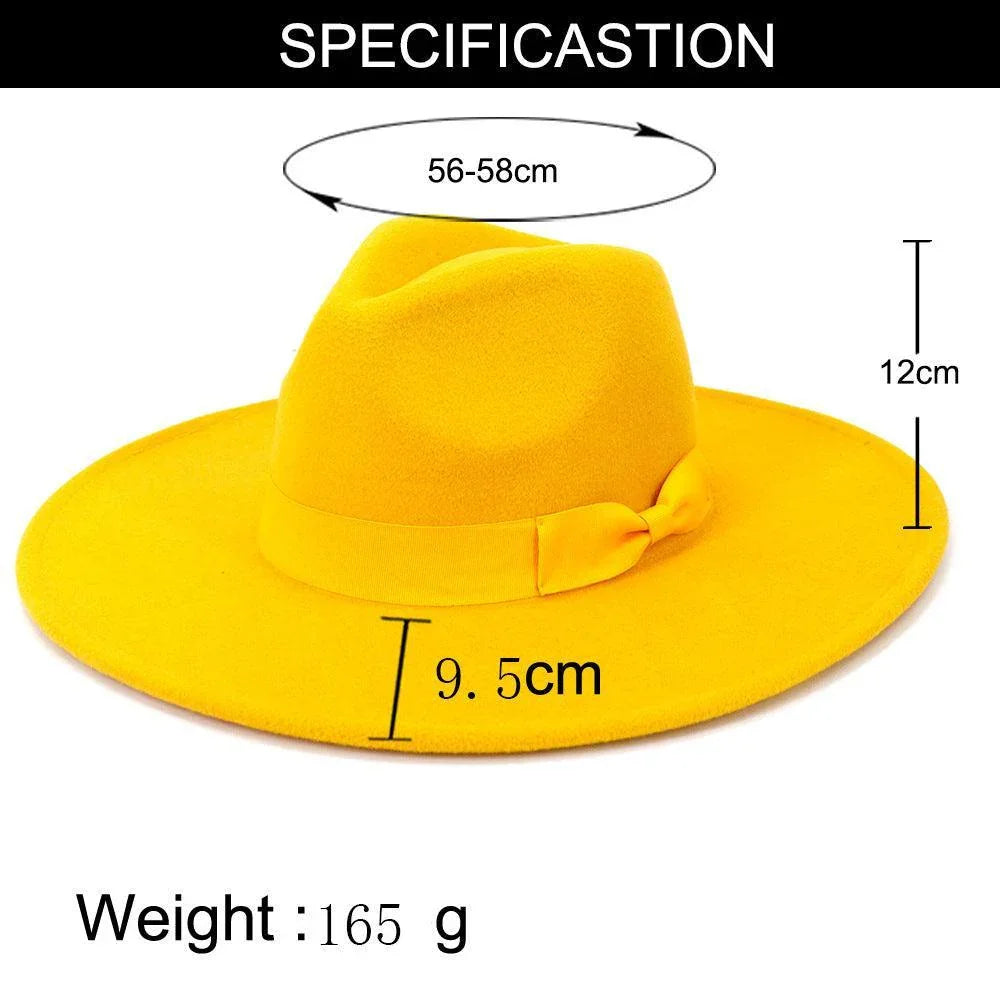 Wide-brim yellow retro fedora hat with size and weight details, classic felt fedora style