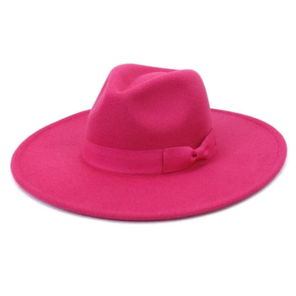 Wide brim retro fedora hat in bright pink wool with a matching ribbon band