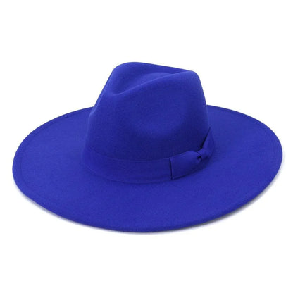 Bright blue wide brim retro fedora hat with ribbon band on white background