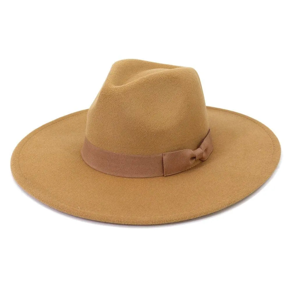 Wide brim retro fedora hat in light brown with matching ribbon band and bow