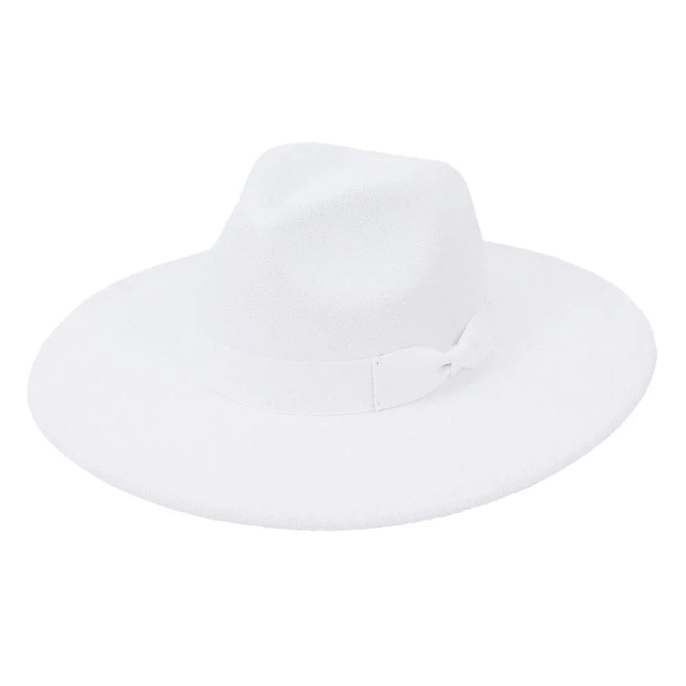 White wide brim retro fedora hat with classic ribbon, isolated on white background