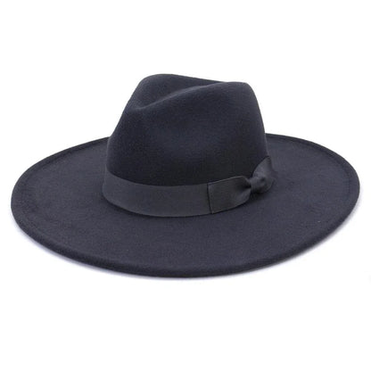 Black wide brim retro fedora hat with ribbon band on white background