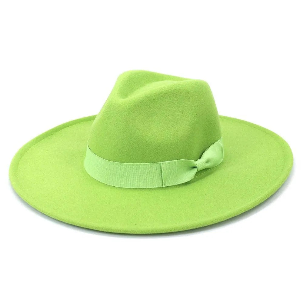 Lime green wide brim retro fedora hat with matching ribbon on white background