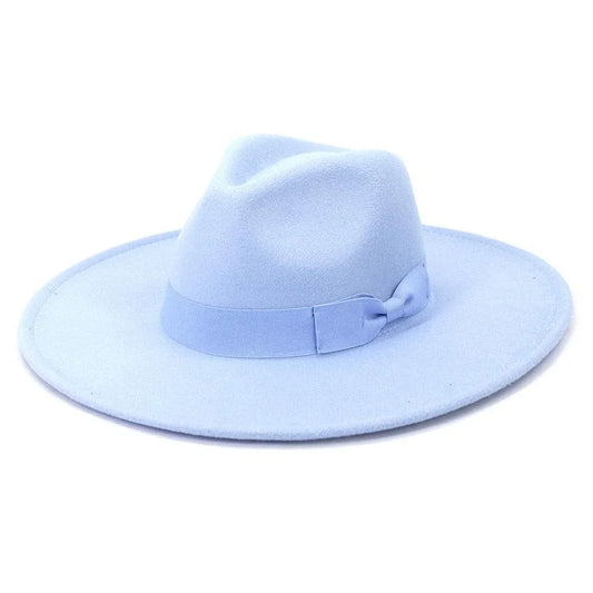 Light blue wide brim retro fedora hat with ribbon band on white background