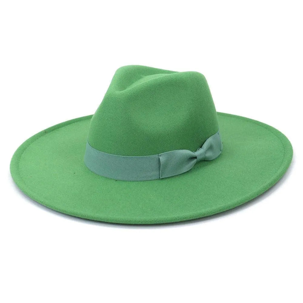 Green wide brim retro fedora hat with matching ribbon detail