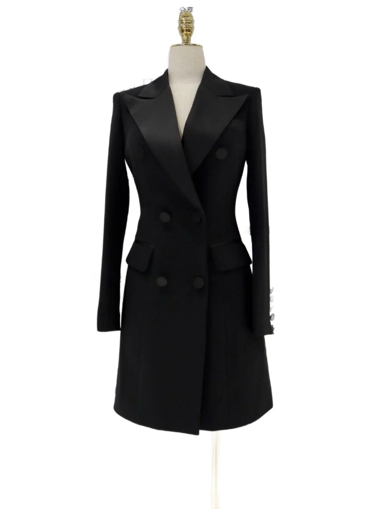 Black Blazer Dress, Satin Collar, Tuxedo Blazer -Guocali