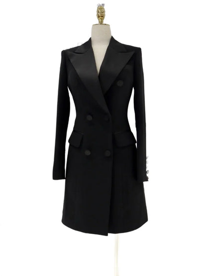 Black Blazer Dress, Satin Collar, Tuxedo Blazer -Guocali