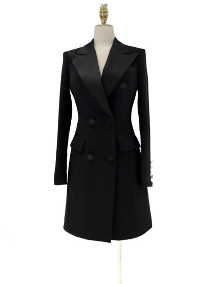 Black Blazer Dress, Satin Collar, Tuxedo Dress - Blazer Dress - Guocali