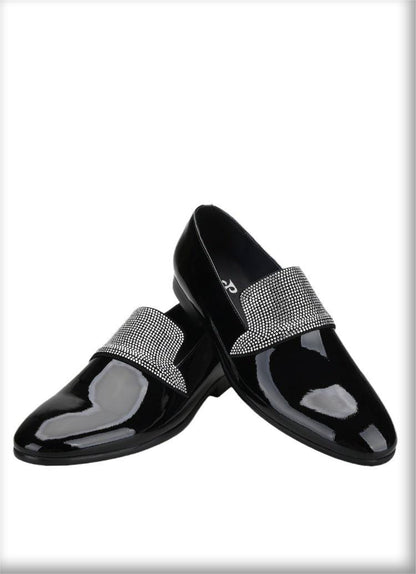 Black Patent Leather Loafers With Rhinestones - Men Shoes - Loafer Shoes - Guocali