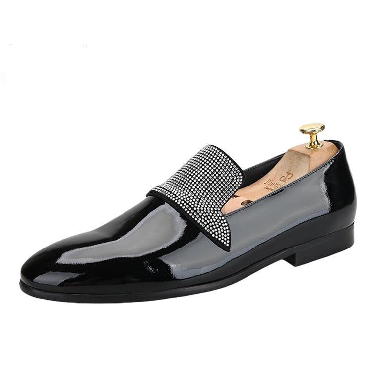 Black Patent Leather Loafers With Rhinestones - Men Shoes - Loafer Shoes - Guocali