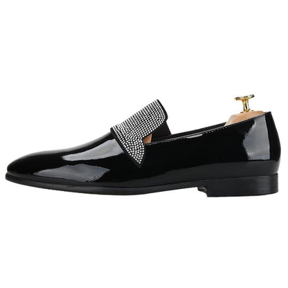 Black Patent Leather Loafers With Rhinestones - Men Shoes - Loafer Shoes - Guocali