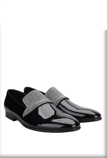 Black Patent Leather Loafers With Rhinestones - Men Shoes - Loafer Shoes - Guocali