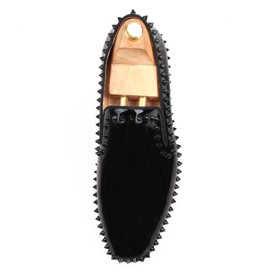 Black Patent Leather Spiked Men Loafers - Men Shoes - Loafer Shoes - Guocali