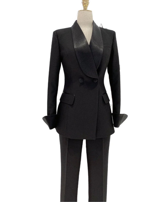Black Tuxedo Suit - Women Trouser Set -Guocali