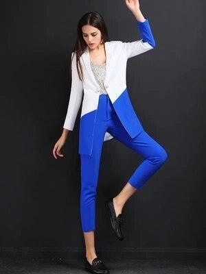 Blue-White Pantsuit With Long Blazer - Women Trouser Suits - Trouser Suit - Pantsuit - Guocali