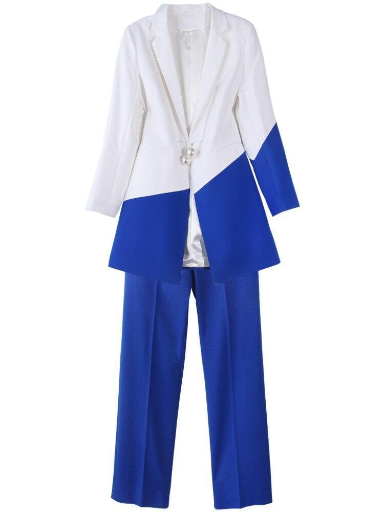 Blue-White Pantsuit With Long Blazer - Women Trouser Suits - Trouser Suit - Pantsuit - Guocali