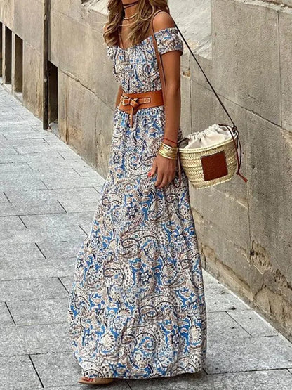 Boat Neck Bohemian Dress -Guocali
