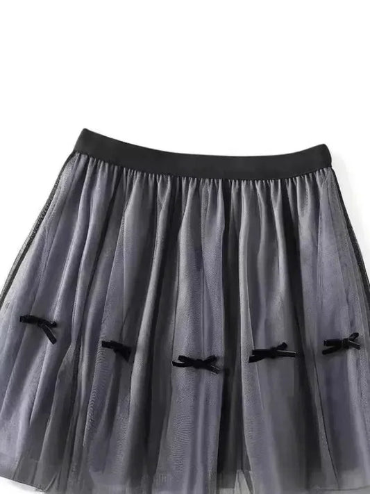 Bow Mesh Elastic A-Line Skirt -Guocali
