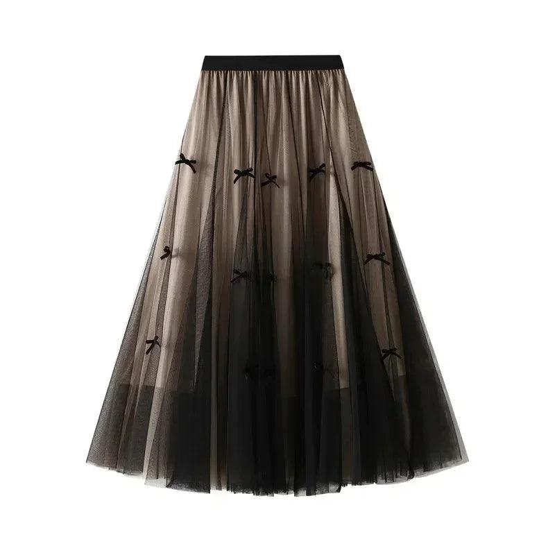 Bow Mesh Elastic A-Line Skirt -Guocali