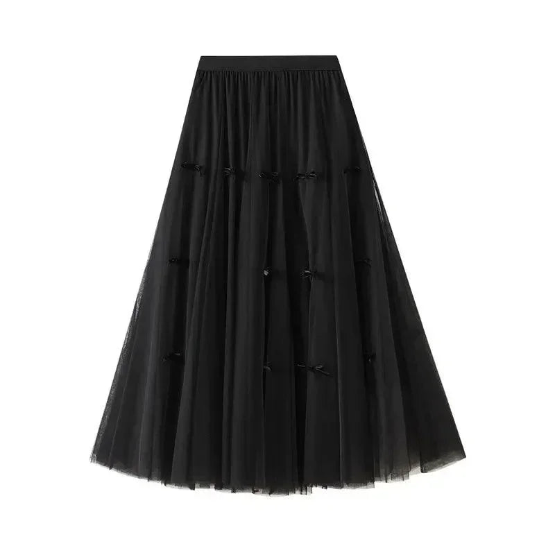 Bow Mesh Elastic A-Line Skirt -Guocali