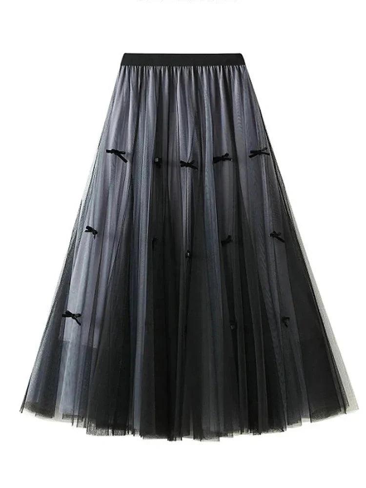 Bow Mesh Elastic A-Line Skirt - A-Line Skirt - Guocali