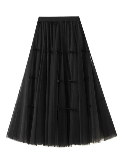 Bow Mesh Elastic A-Line Skirt - A-Line Skirt - Guocali