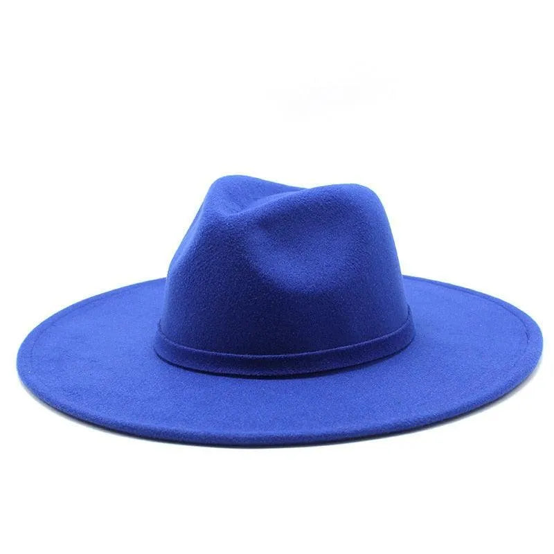 Royal blue British style fedora hat with wide brim on white background