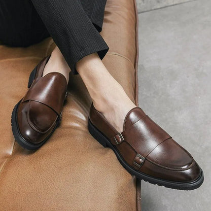 Brown Monk Strap Rounded Toe Loafers - Loafer Shoes - Guocali