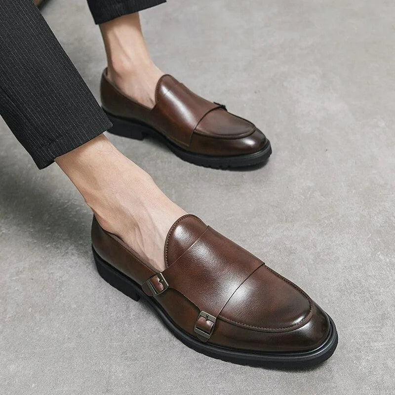 Brown Monk Strap Rounded Toe Loafers - Loafer Shoes - Guocali