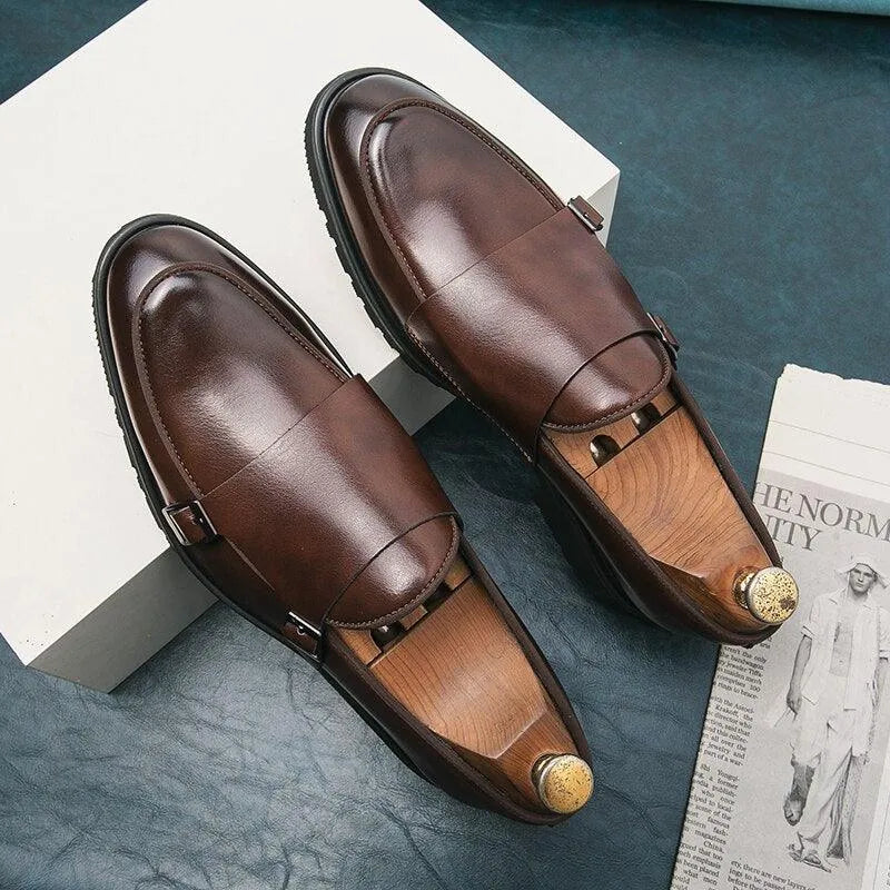 Brown Monk Strap Rounded Toe Loafers - Loafer Shoes - Guocali