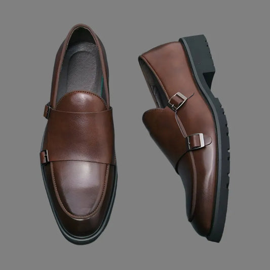 Brown Monk Strap Rounded Toe Loafers - Loafer Shoes - Guocali