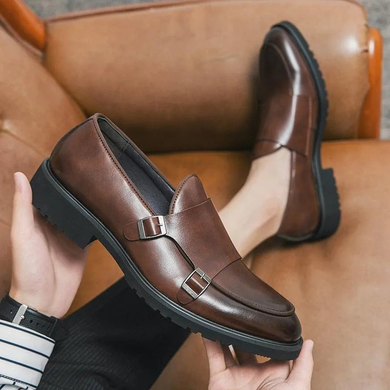 Brown Monk Strap Rounded Toe Loafers - Loafer Shoes - Guocali