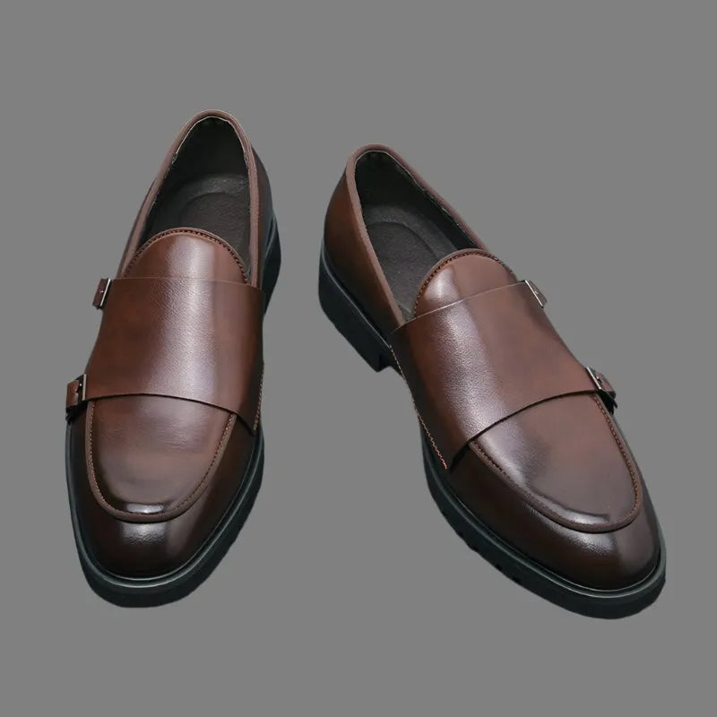 Brown Monk Strap Rounded Toe Loafers - Loafer Shoes - Guocali