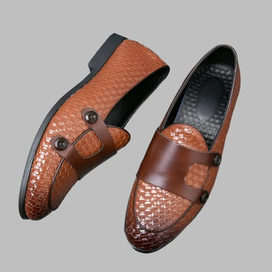 Brown Woven Monk Strap Loafers -Guocali