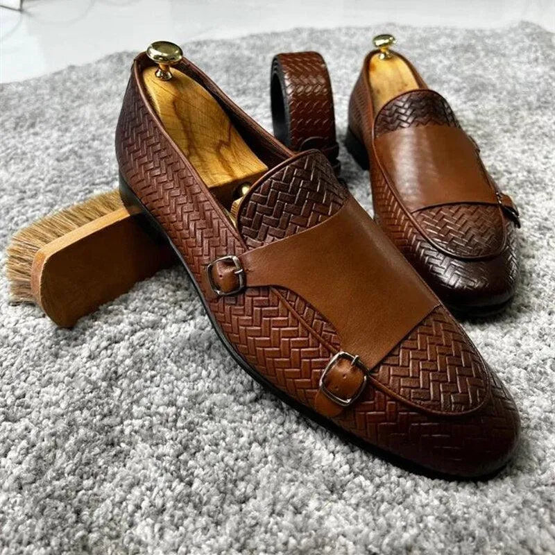 Brown Woven Monk Strap Loafers - Loafer Shoes - Guocali