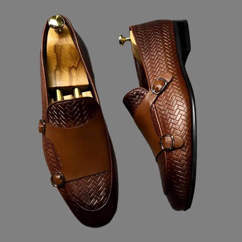 Brown Woven Monk Strap Loafers - Loafer Shoes - Guocali