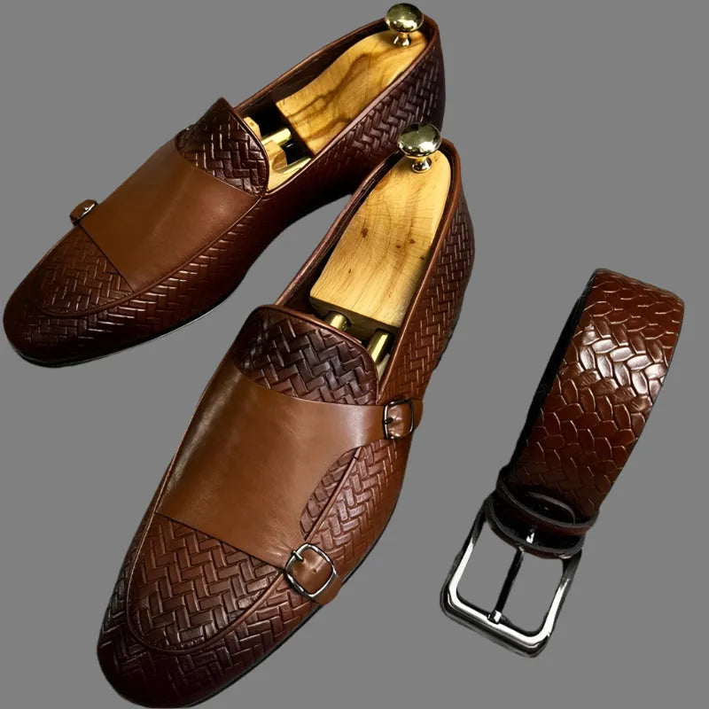 Brown Woven Monk Strap Loafers - Loafer Shoes - Guocali