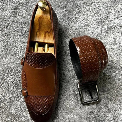 Brown Woven Monk Strap Loafers - Loafer Shoes - Guocali