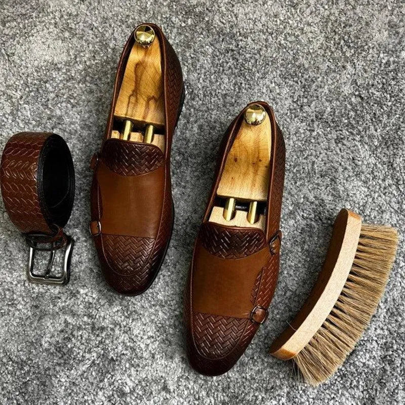 Brown Woven Monk Strap Loafers - Loafer Shoes - Guocali