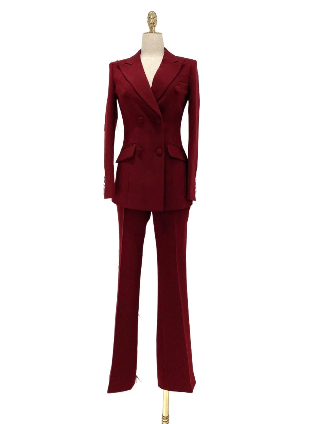 Elegant Women's Pant Suit - Solid Double-Breasted - Burgundy
