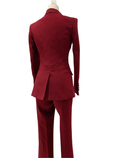 Burgundy Women Pant Suit - Double-Breasted Slim Fit Trouser Suit -Guocali