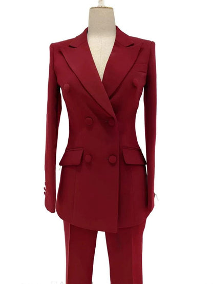 Burgundy Women Pant Suit - Double-Breasted Slim Fit Trouser Suit - Pantsuit - Guocali