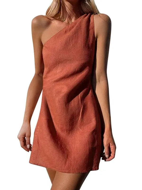 Casual Solid Color Slant Shoulder Dress -Guocali