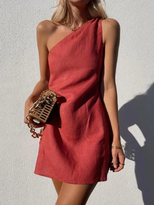 Casual Solid Color Slant Shoulder Dress -Guocali