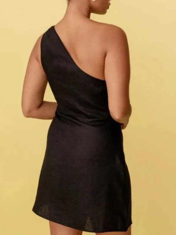 Casual Solid Color Slant Shoulder Dress -Guocali