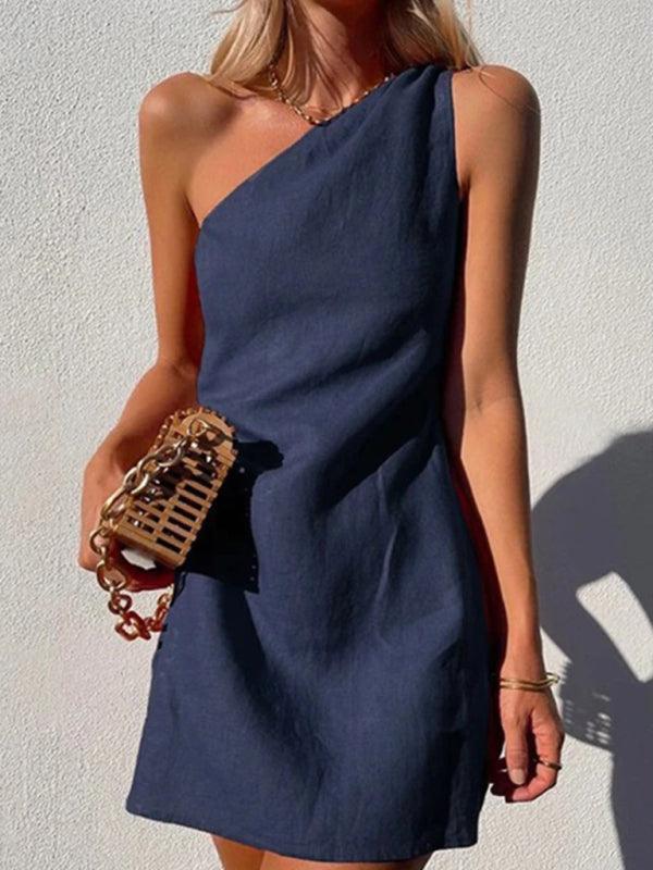 Casual Solid Color Slant Shoulder Dress - Shoulder Dress - Guocali